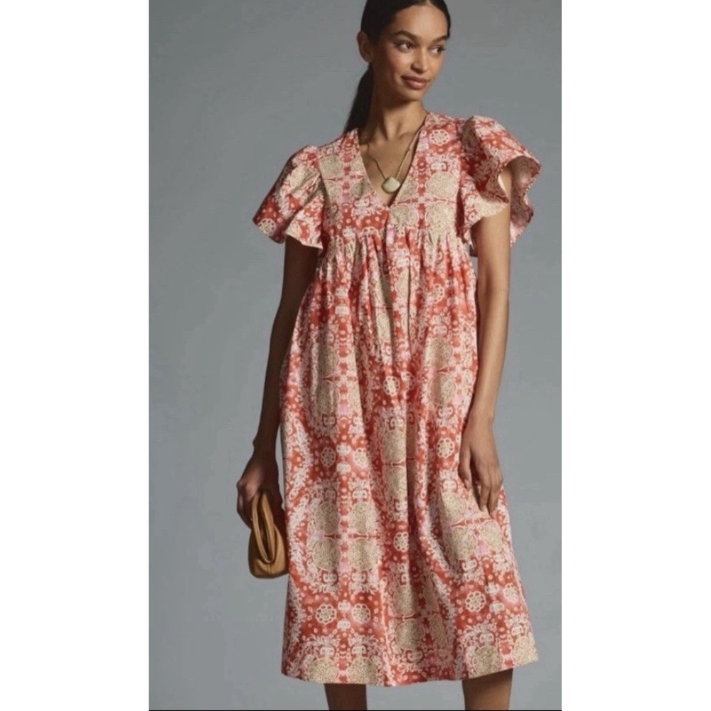 Maeve Anthropologie Pink Floral Flutter-Sleeve Babydoll Midi Dress Womens Size M
